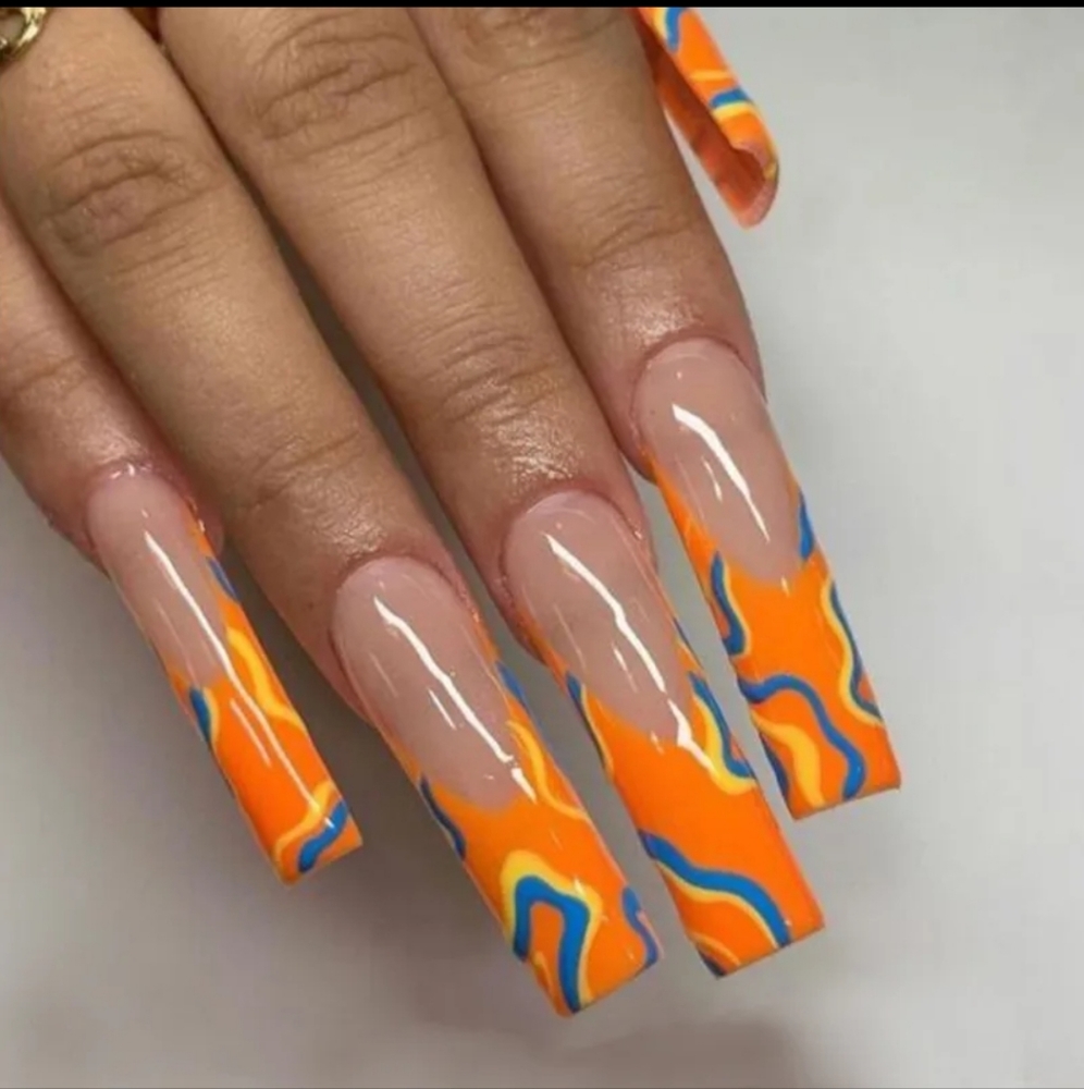 Press On Nails Orange French Tip With Blue And Yellow Lines